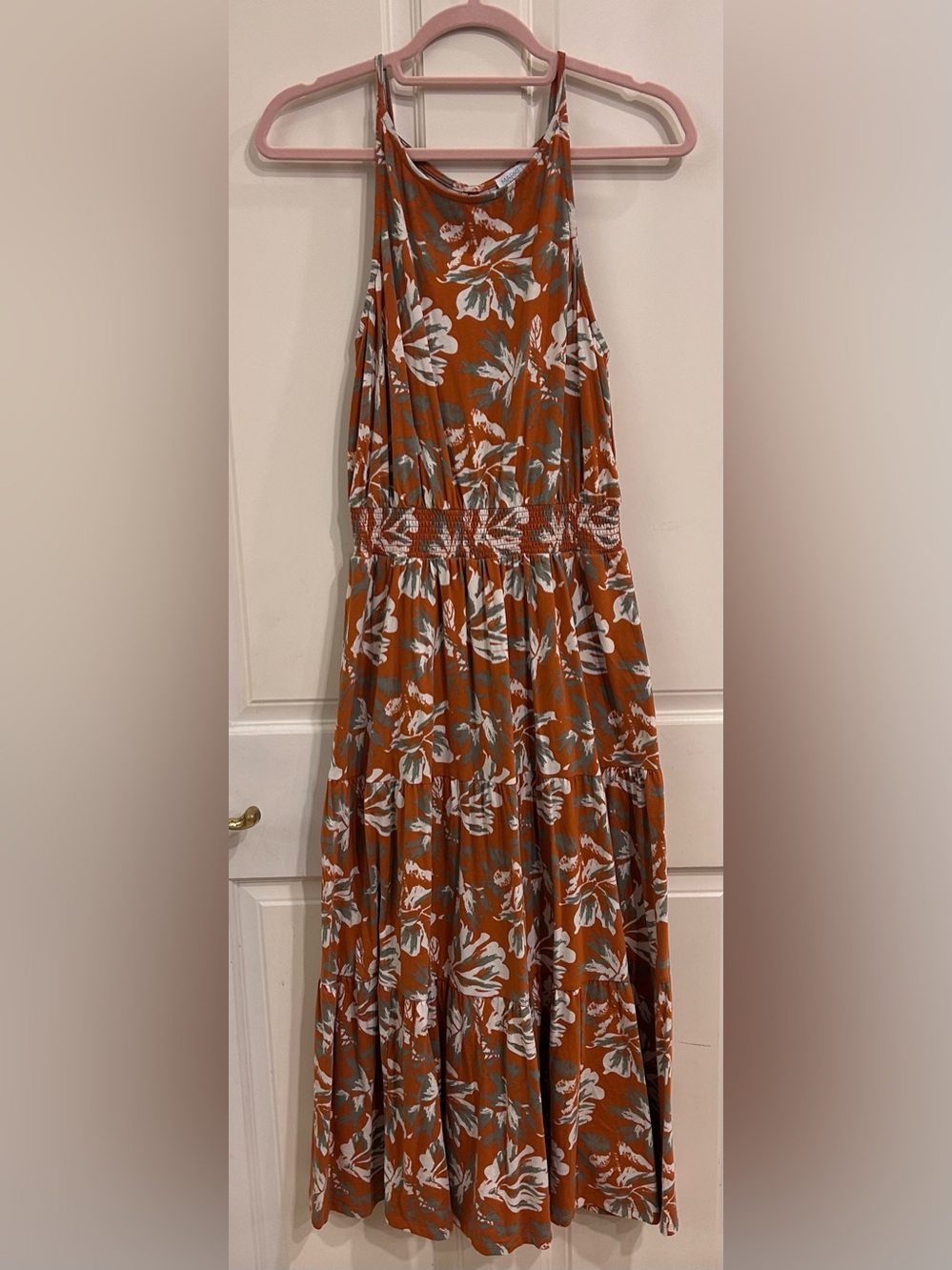 Market & Spruce Floral Midi Dress Rust Orange Smocked Waist Size M